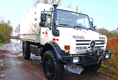 The British Red Cross unimog, which has been delivering fuel to cut-off communities in Somerset
