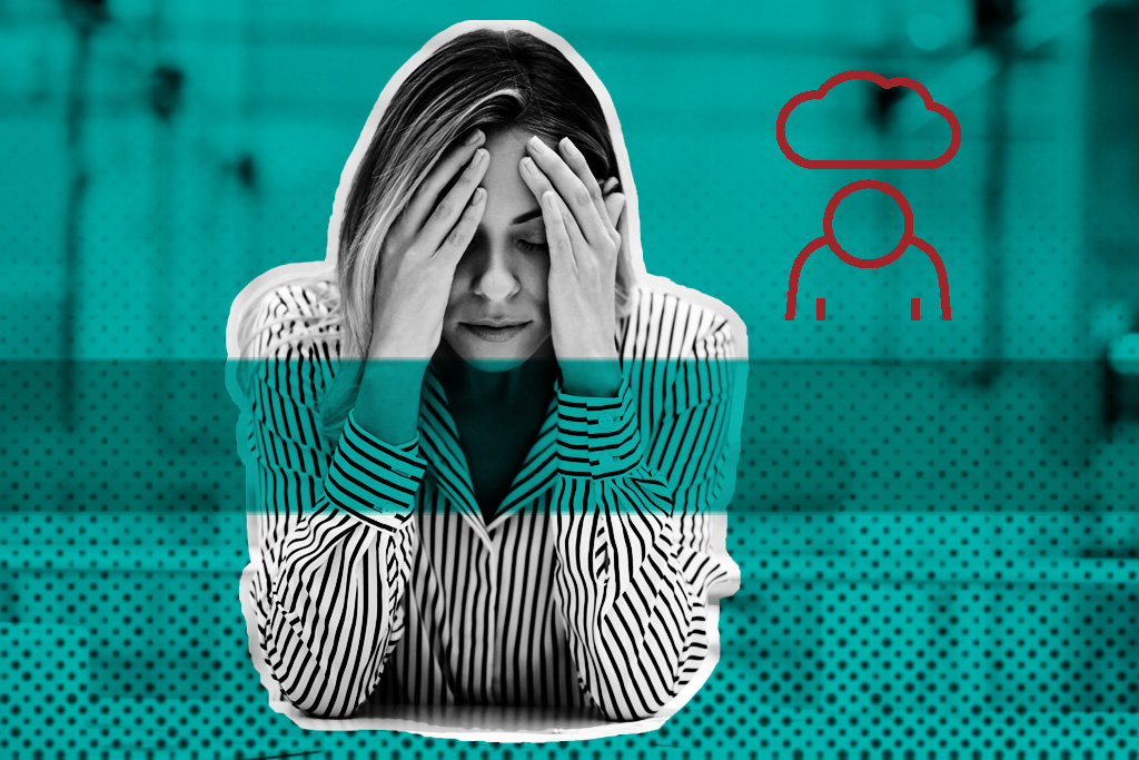 Woman with hands over her face with person under a cloud vector