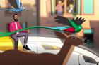 An animated still showing Craig David sitting on top of a train with colourful birds and a deer moving alongside the train