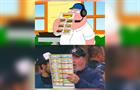 Screen shot from the cartoon Family Guy showing Peter Griffin holding a Denny's menu on top of a screen shot of a sports coach holding a play card