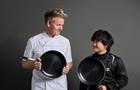 Gordon Ramsay and Yuki Tsunoda holding HexClad pans