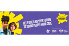 Two young people in front of a yellow and purple background, with 'Help give a happier future to young people from care' and 'Building happier futures', plus partner charity logos