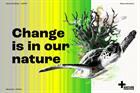 Poster with vertical lines in grey, yellow and green with a picture of a turtle and some coral and the text: 'Change is in our nature'