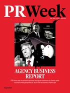 PRWeek May/June 2025 cover featuring black and white collage of images related to economic turmoil, Donald Trump, Elon Musk, Xi Jinping