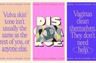 Peach, pink and purple rectangles next to each other with text on them dispelling myths about vaginas and a picture of vaginal discharge on a pair of knickers