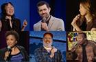 Collage of comedians performing on stage