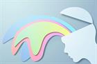 Clip art of rainbow waves spilling from person's head, mental health concept