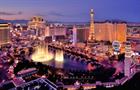 City skyline at night with Bellagio Hotel water fountains, Las Vegas, Nevada, America, USA - stock photo