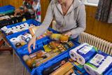 Close up of a person sorting through food in crates at a foodbank