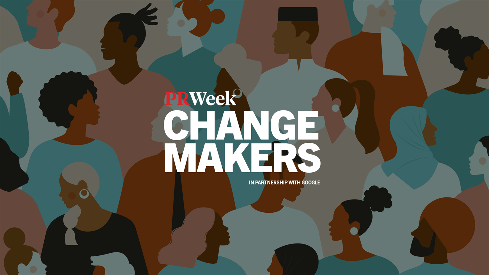 PRWeek Changemakers wordmark and Google logo over clipart of diverse individuals