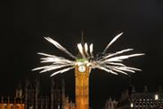Fireworks explode from Big Ben on NYE 2011