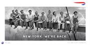 An adapted version of an iconic 1932 photo of workers on a skyscraper is the campaign centrepiece