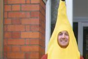 Charity appeal: Giles Dempsey slips on his banana skin for Red Nose Day
