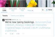 Moving on: RKCR/Y&R tweets major airlines following its loss of the Virgin Atlantic account