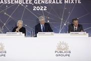 Elisabeth Badinter, the top shareholder in Publicis, with Maurice Levy and Arthur Sadoun at the shareholder meeting