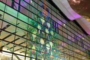The 90-foot interactive Christmas tree graphic at Heathrow Airport