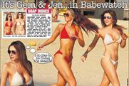 Page 3: replaces topless model with actresses in bikinis