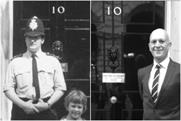 David Amstel: as a young boy (l) and government marketing man outside 10 Downing Street