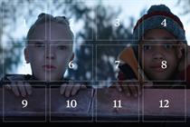 Image of boy and alien from John Lewis ad overlaid with 12 advent calendar-style windows