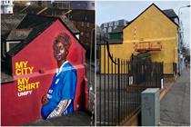 On the right, the mural of a pregnant woman in a Cardiff City shirt, on the left the same building, with the mural covered up in yellow paint.
