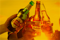 Three people cheers with bottles of Stella Artois, Budweiser and Corona as the sun sets