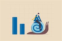 A chart with two blue columns and an drawing of a business man riding a snail, representing how ad spend could slow down. Photo: Getty Images
