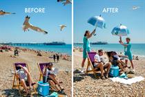 A "Before" and "After" image. The "Before" shows seagulls flying over beachgoers. The "After" shows two crew members holding up reflective umbrellas and keeping the seagulls away.