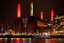 Battersea Power Station with Coca-Cola parcel chimney projection 