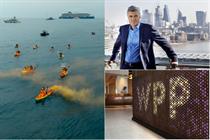 A collage of Greenpeace protesters, WPP CEO Mark Read and the WPP logo