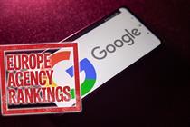 Google logo on a mobiel phone with the words 'Europe agency rankings' overlaid