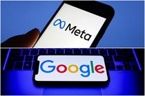 An image of a mobile phone bearing the Meta logo, and another smartphone with the Google logo (Getty Images)