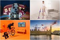 Clockwise (from top left): images of Churchill's dog mascot, a woman and her Dyson, Westminster Palace and a man in an orange living room riding his bike and playing Zwift