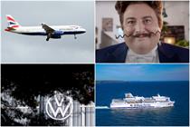 Clockwise (from top left): A British Airways plane; the face of Go Compare, an opera singer with a squiggly moustache; a Brittany Ferries ship crossing the sea, and the Volkswagen Group logo on the side of a building.