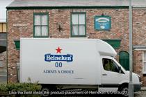 A Heineken 0.0 delivery van parks outside Coronation Street's Rover's Return
