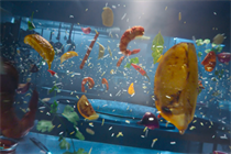 Still from the Deliveroo ad "Lemon" by Pablo, showing bits of food explosively sprayed about including lemons and prawns