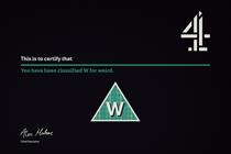 Opening frame from Channel 4's new ad showing a visual play on the film classification certificate that reads 'W is for weird'