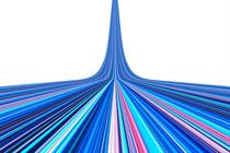 Digital generated image of abstract multicoloured ramp with stripe pattern moving up in perspective on white background, visualising growth and speed