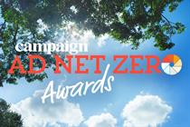 Photo looking through trees to blue sky with the words 'Campaign Ad Net Zero Awards' overlaid