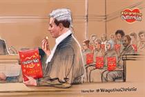 A courtroom in which the attendees and barrister are munching on bags of Butterkist