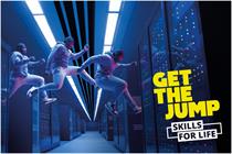 Three images of a young person leaping across a room with the text 'Get the jump, skills for life'