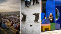 Images of sunset at Glastonbury, mud puddle with wellies at Glastonbury and Emily Forgot’s Bricolage at Principal Place
