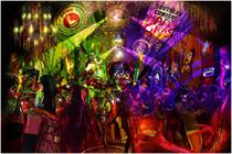 A vibrant, colourful artist depiction of Southern Comfort's Mardi Gras party