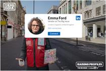Big Issue vendor on street with LinkedIn profile covering face