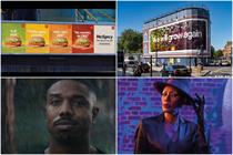 A collage of images: a series of McDonald's burgers on a billboard, a B&Q ad saying 'We will grow again', Grace Jones and Michael B Jordan
