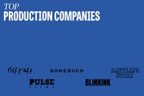 Blue background with names of each top production company in their own font in black