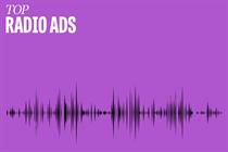 Purple background with a sound meter-style graphic in black at the bottom and the words 'Top radio ads' in upper left corner