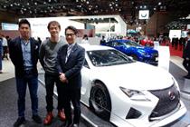 From left: Lexus racing drivers Daisuke Ito and Juichi Wakisaka, and brand management GM Atsushi Takada, at the Tokyo Motor Show 2015.