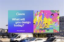 Canva billboard reading "What will you design today?" with colorful clip art of people dancing and picnicking