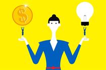Clip art of woman holding coin in one hand and lightbulb in another hand