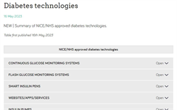 Screenshot of the MIMS table of diabetes technologies.